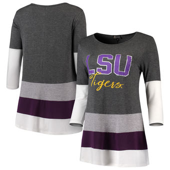 Cute LSU Shirts - Tunic Shirt Blocked Drapey Long Sleeve Tri-Blend Color Charcoal/Purple
