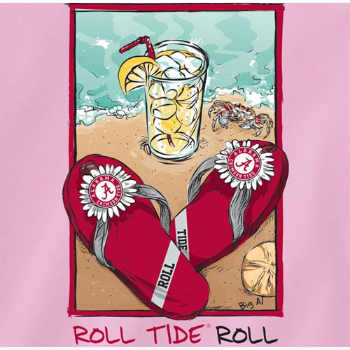 Alabama Crimson Tide Pink T-Shirts - Crimson Sandals On Beach - Roll Tide