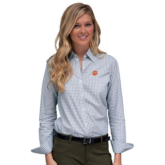 Cute Clemson Shirts - Tigers Button Up Long Sleeve Gingham Color White/Gray