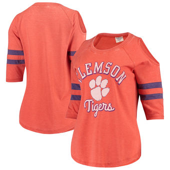 Cute Clemson Shirts - Tigers 3/4 Sleeve Raglan Vintage Wash Cold Shoulder Color Orange