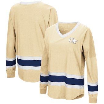 Cute Georgia Tech Shirts - GA Tech V-Neck Long Sleeve Marquee Oversized Top Color Vegas Gold