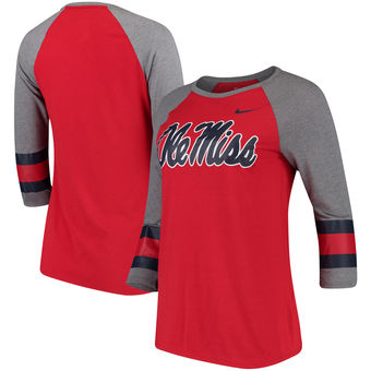 Cute Ole Miss Rebels Nike Women's Sleeve Stripe Raglan 3/4 Sleeve Tri-Blend T-Shirt - Heathered Navy